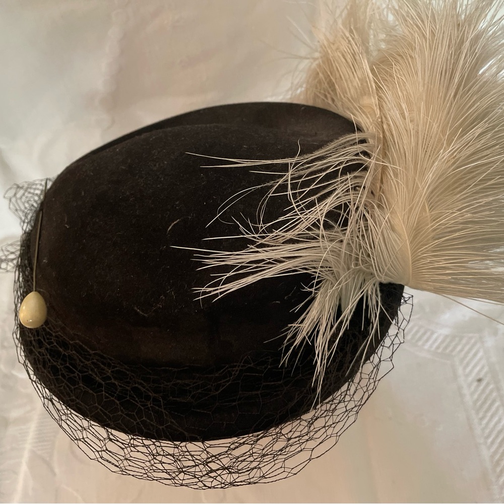 Saks Fifth Avenue Black Hat with White Feather